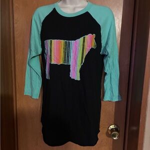 Crazy Train Women’s Black and Teal Animal Print Raglan Top Size S Cow Print